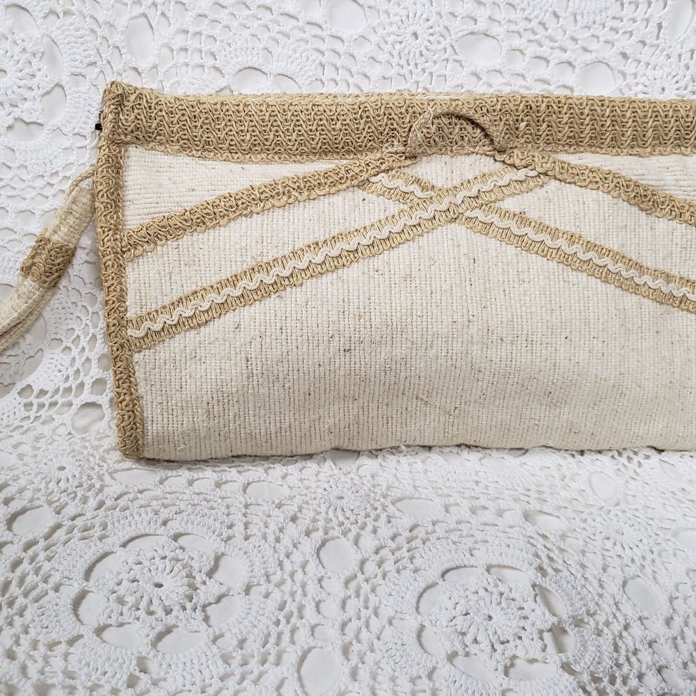 Vintage Cream Carpet Bag Brand Clutch w/ Wristband